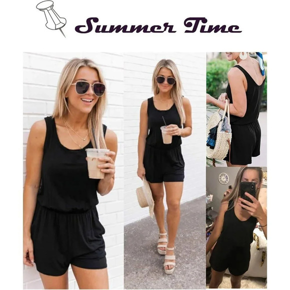 Women's Black Summer Solid Jumpsuit Loose Sleeveless Short Jumpsuit Rompers w - Picture 4 of 6